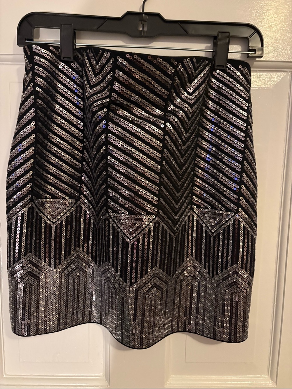 Express Black Mini Skirt with Silver Sequin Chevron Pattern